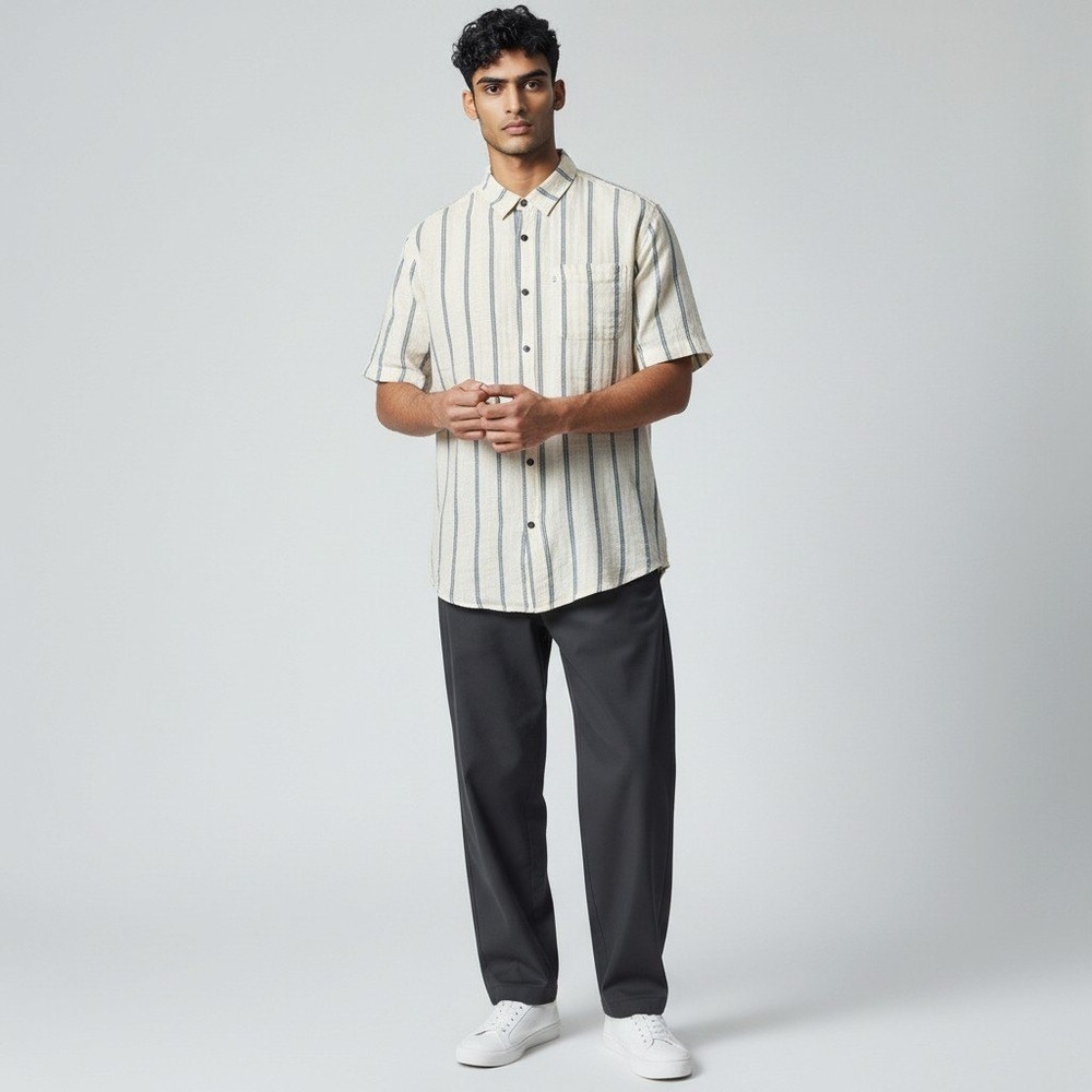 Katin Shirt Large Cream Blue Striped Cotton Linen Short Sleeve Button Up